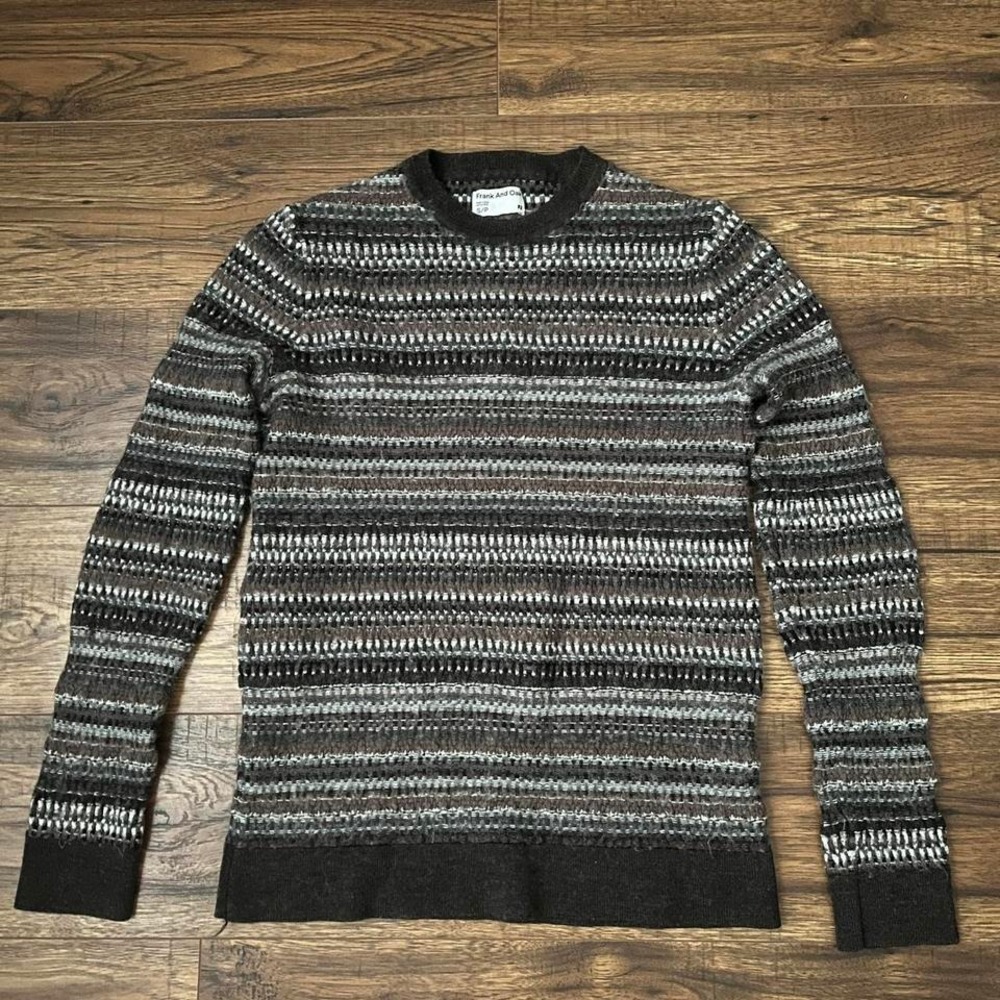 Frank & Oak Brown Grey Striped Merino‎ Wool Crewneck Sweater Women Small Boho
